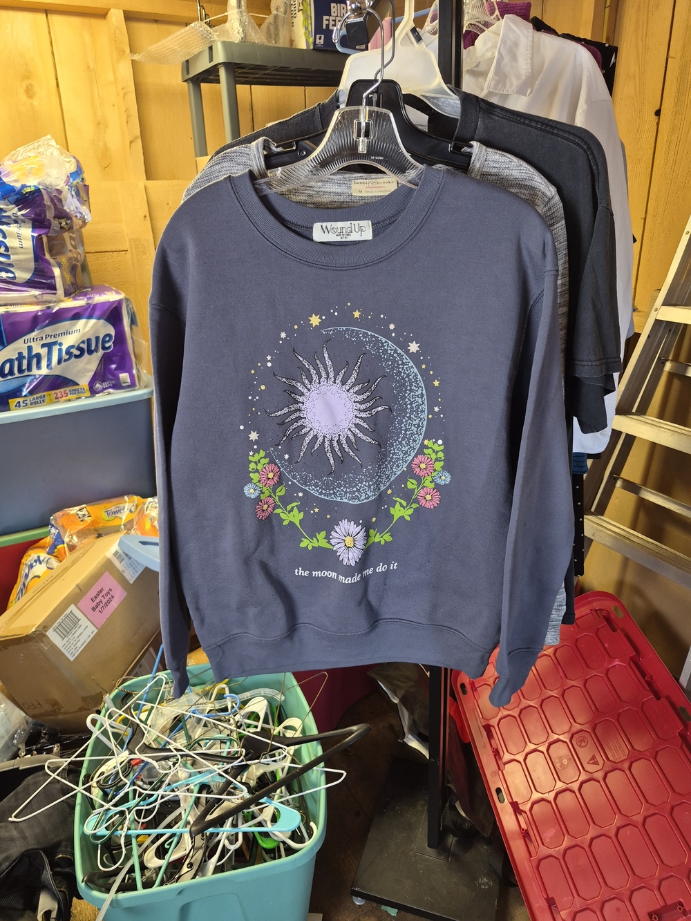 Wound Up Navy Crewneck Sweatshirt with Moon, Sun & Floral Motif Bin 66